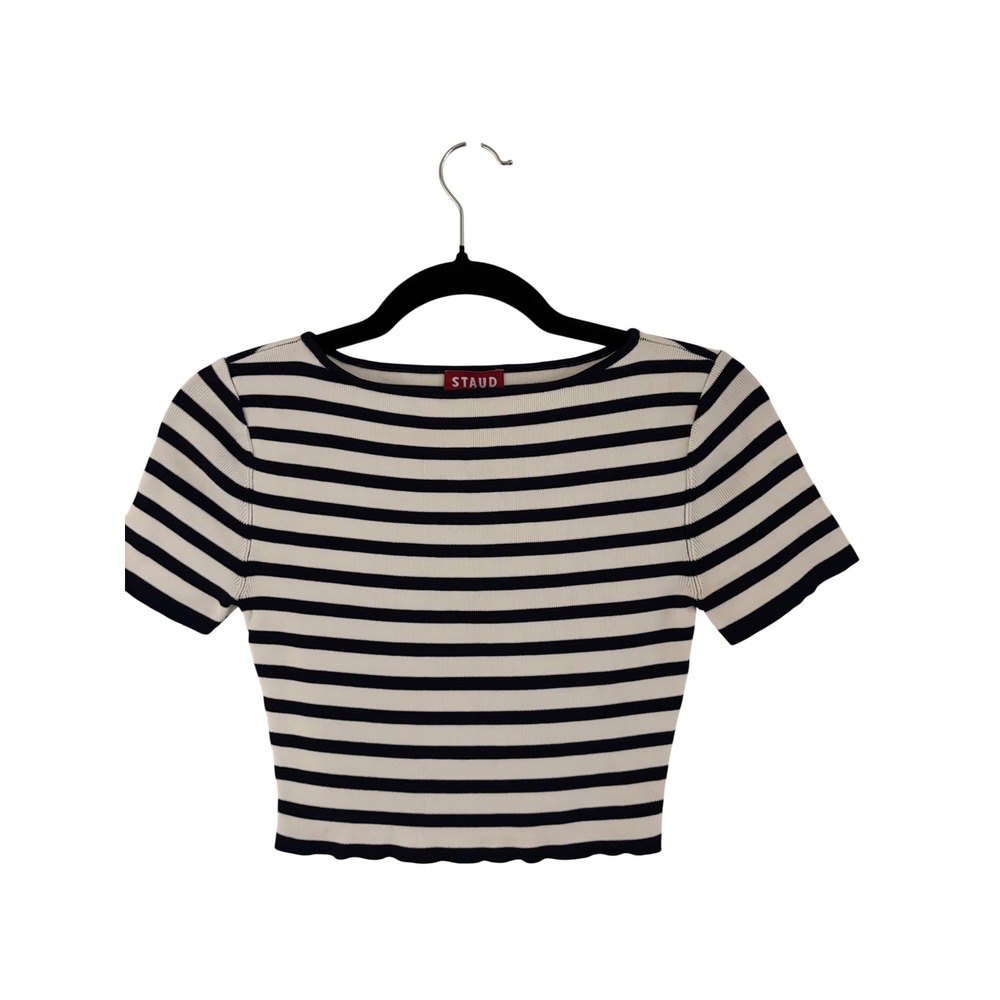 Staud Women Navy White Striped Ribbed Knit Crop Top Boat Neck Lettuce Hem Small